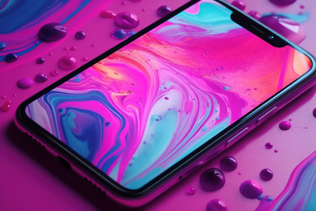 Smartphone with colorful screen on a pink background with drops of waterの素材