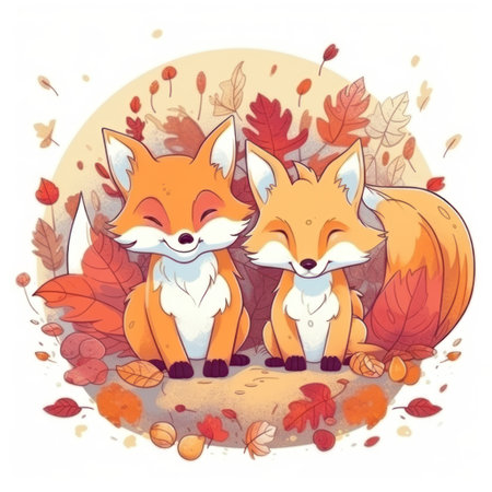 Cute cartoon foxes in autumn forest. hand drawn vector illustration.の素材