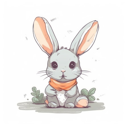 Cute cartoon bunny with orange scarf. Vector illustration on white background.の素材