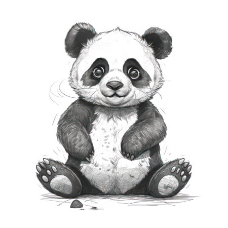 Panda sitting on the ground. Hand-drawn illustration on white background.の素材