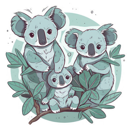 Cute koala family on a branch with leaves. vector illustration.の素材