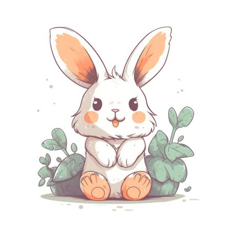 Cute cartoon bunny sitting on the ground with plants. vector illustration.の素材