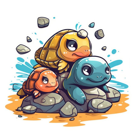 Vector illustration of funny turtle family on the stones. cartoon style.の素材