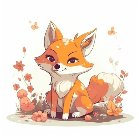 Cute cartoon fox sitting on the ground with flowers. vector illustration.の素材