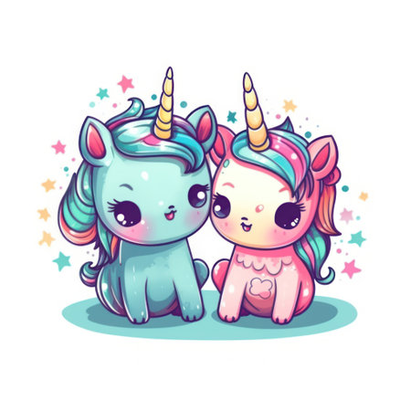Cute cartoon unicorn and unicorn. Vector illustration isolated on white background.の素材