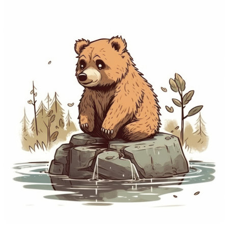Cute brown bear sitting on a rock in the water. vector illustration.の素材