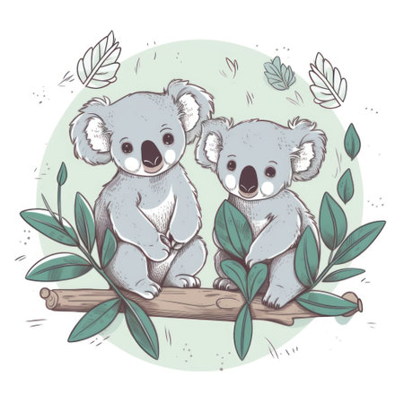 Cute koala couple sitting on a tree branch. vector illustration.の素材