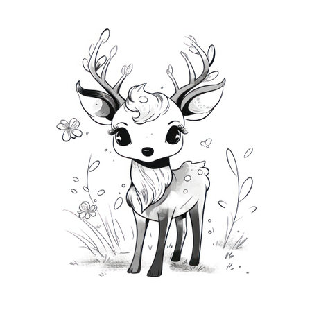 Cute cartoon deer with flowers. Vector illustration on white background.の素材