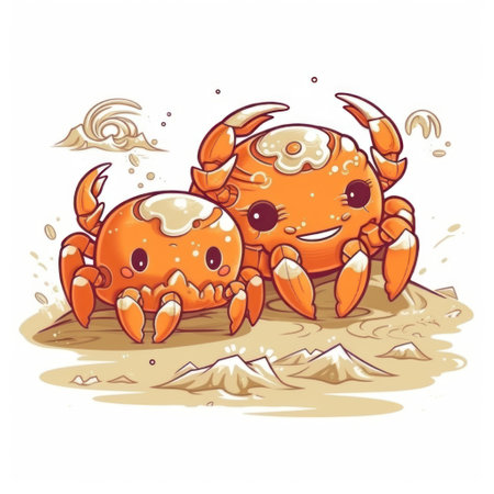 Illustration of a cute cartoon crab on the beach. Vector.の素材