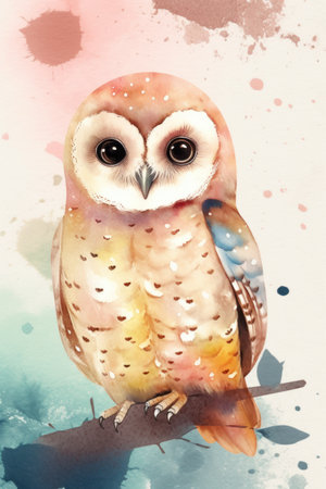 Watercolor illustration of a cute owl sitting on a branch in front of a watercolor backgroundの素材