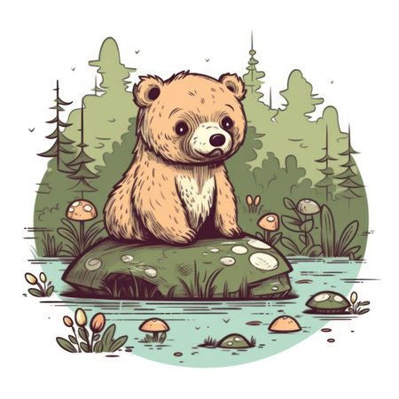 Cute bear sitting on a rock in the forest. vector illustration.の素材