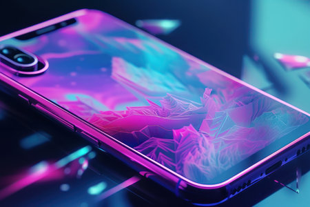Smartphone with abstract neon light on black background. 3d renderingの素材