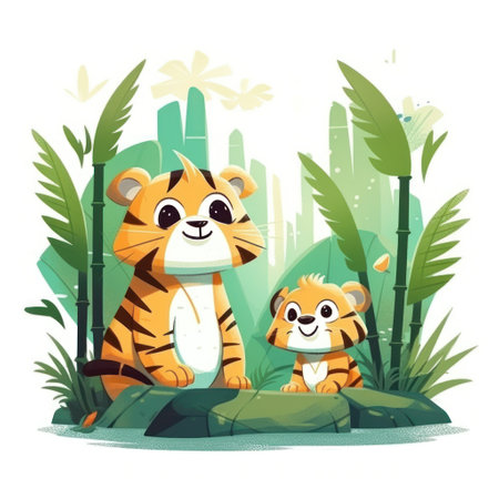 Tiger family in bamboo forest. Cute cartoon vector illustration.の素材