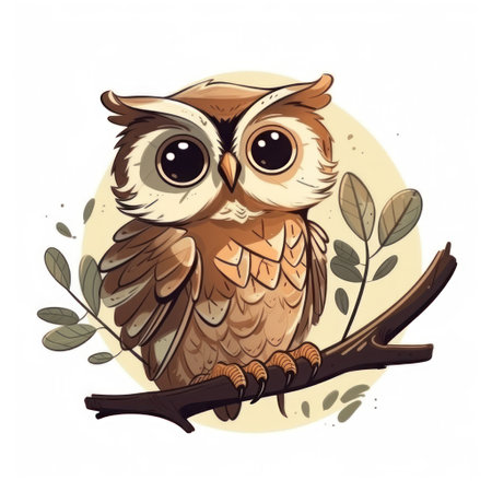 Owl with big eyes sitting on a branch. vector illustration.の素材
