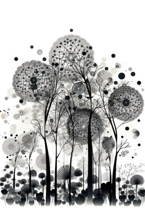 Abstract nature background with black and white trees and flowers, vector illustrationの素材