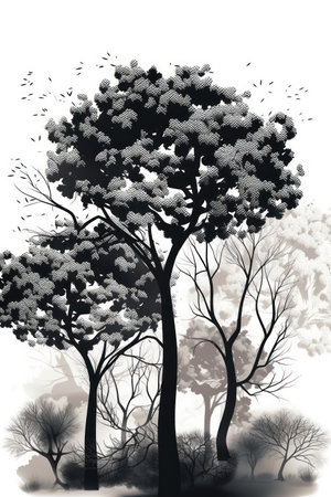 Tree silhouette in the forest, black and white version. vector illustration.の素材