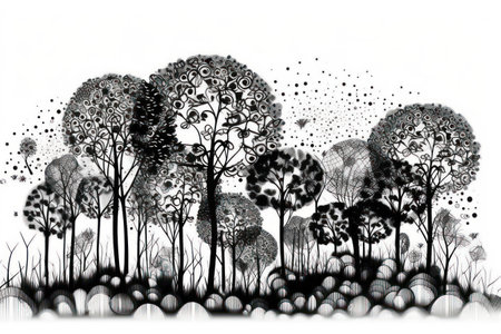 abstract landscape with trees and grass, black and white art illustrationの素材