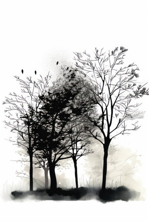 Trees in the forest in winter. Black and white illustration.の素材