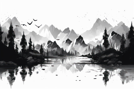 Digital painting of mountains and lake with birds in black and white.の素材