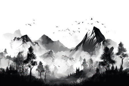 Silhouette of mountains and birds on white background. digital paintingの素材