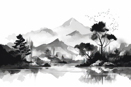 Landscape of mountain and lake in black and white, vector illustrationの素材