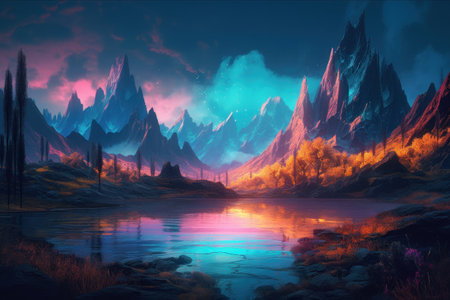 Fantasy landscape with lake, mountains and sky. digital painting.の素材
