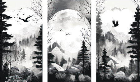 Winter landscape with mountains, trees and birds. black and white illustrationの素材