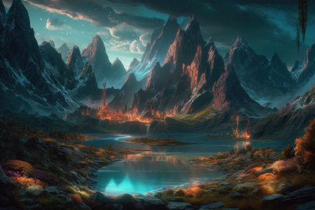 fantasy alien planet. mountain lake with waterfall. 3D illustrationの素材