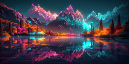 Fantasy landscape with mountains and lake. digital art painting. 3d renderingの素材