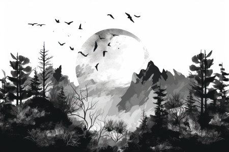 landscape with forest and full moon. Hand drawn watercolor illustration.の素材