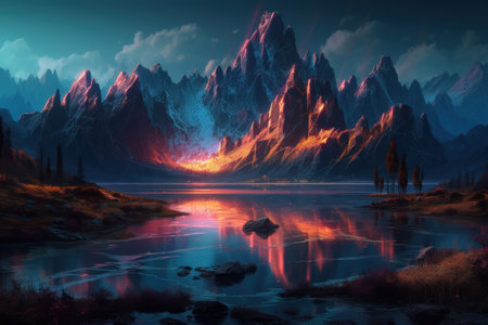 Fantasy landscape with mountains and lake. 3D illustration. digital painting.の素材