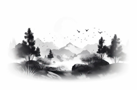 Mountain landscape with forest and lake. Black and white illustration.の素材