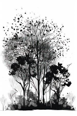 Trees silhouettes in black and white, digital watercolor paintingの素材