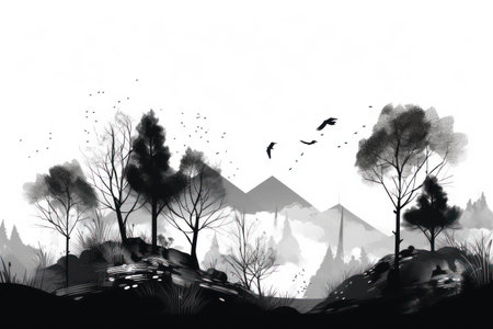 Trees and birds in the mountains. Black and white illustration.の素材