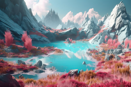 fantasy alien planet. mountain and lake. 3D illustration.の素材