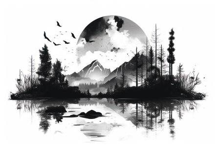Mountain landscape with lake and forest. Black and white illustration.の素材