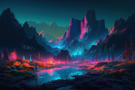 fantasy alien planet. mountain and lake. 3D illustration.の素材