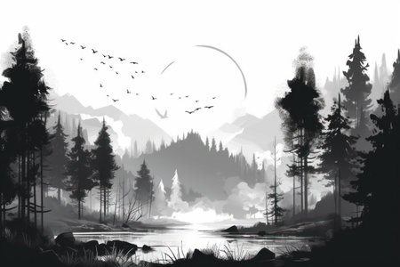 Digital painting of a forest lake with birds flying in the background.の素材