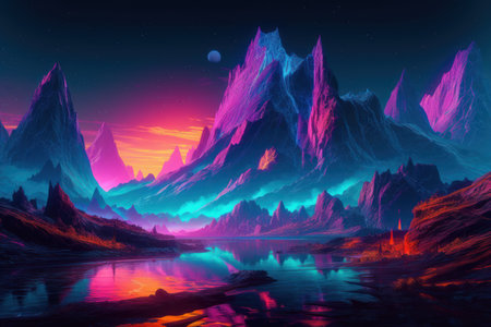 fantasy alien planet. mountain and lake. 3D illustration.の素材