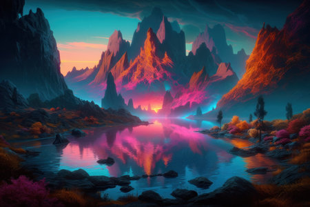 Fantasy landscape with mountains and lake. 3D illustration. digital painting.の素材