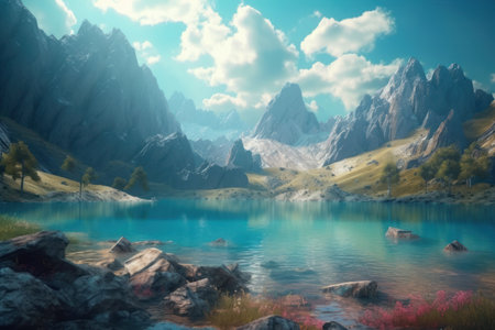 Fantasy landscape with mountain lake and clouds in the sky. digital paintingの素材