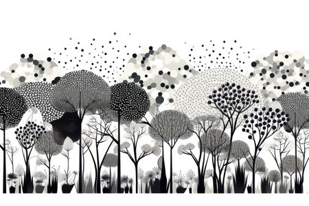 Abstract black and white background with trees and clouds. vector illustration.の素材