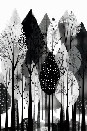 Watercolor illustration of trees in the forest. black and white.の素材
