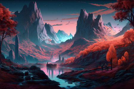 Fantasy landscape with mountains and river. 3d illustration. digital painting.の素材
