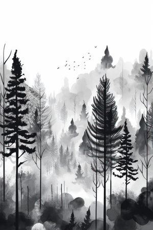 Black and white landscape with coniferous forest. watercolor illustration.の素材