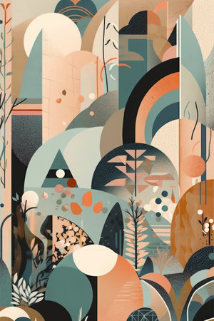Abstract background with trees, circles and geometric shapes. vector illustration.の素材