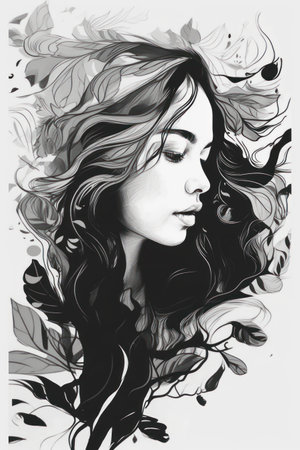 Beautiful woman with long hair. hand-drawn illustration. Vector.の素材