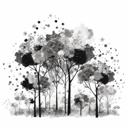 Watercolor painting of trees in black and white colors. vector illustration.の素材