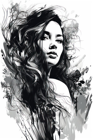 Beautiful girl with long hair. fashion illustration. hand drawn.の素材