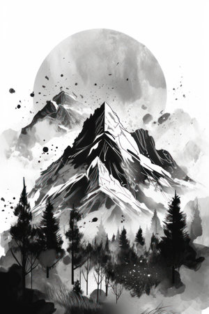 Mountains and pine trees on a background of the full moon. hand drawn illustration.の素材